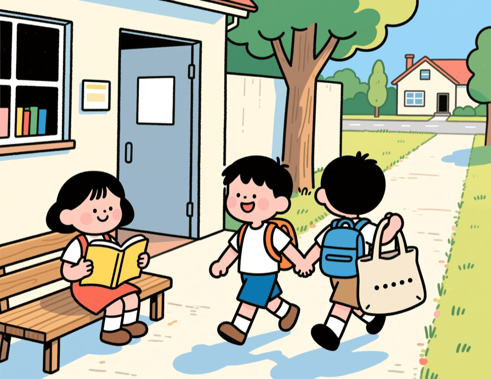 ベンチで本を読む女の子と、手をつないで歩く2人の子どものイラスト